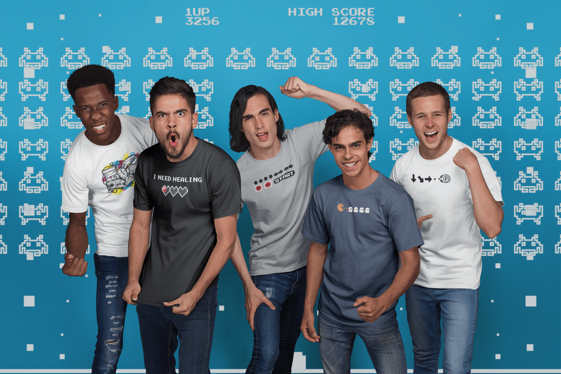 Five young men posing in front of a blue background with gaming-themed graphics
